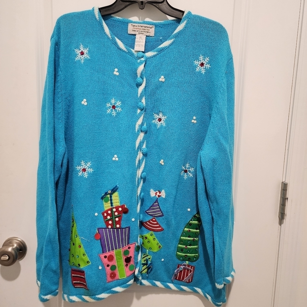 Tiara International Christmas Collection Aqua Blue Knit Sweater Cardigan 2X EUC